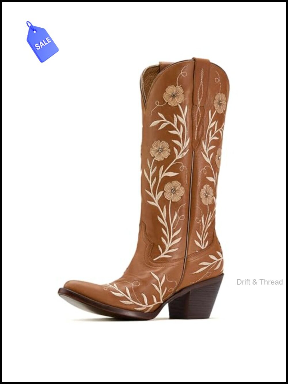 Women's Cowboy Boots Knee High Wide Calf Chunky Heel 2.7" Pointed Toe Flower